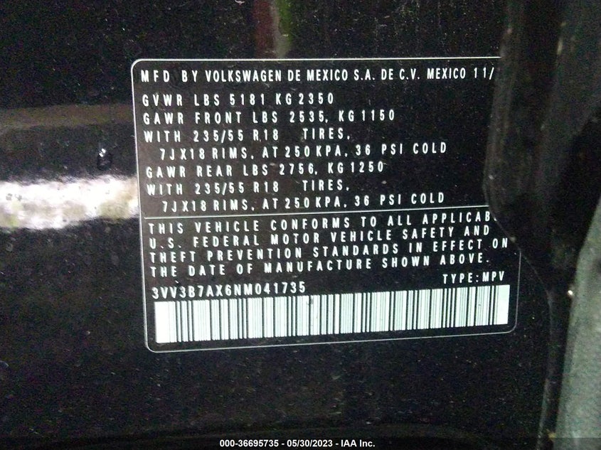 VIN: 3VV3B7AX6NM041735 2022 VOLKSWAGEN TIGUAN SE