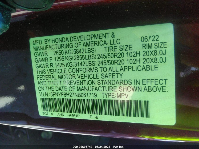 2022 HONDA PILOT SPECIAL EDITION - 5FNYF6H27NB061719
