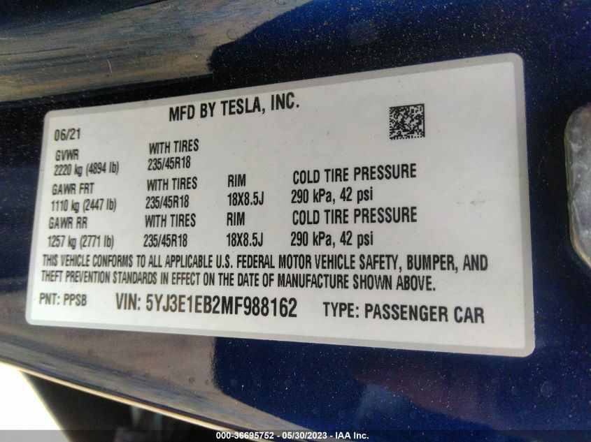 2021 TESLA MODEL 3 LONG RANGE - 5YJ3E1EB2MF988162