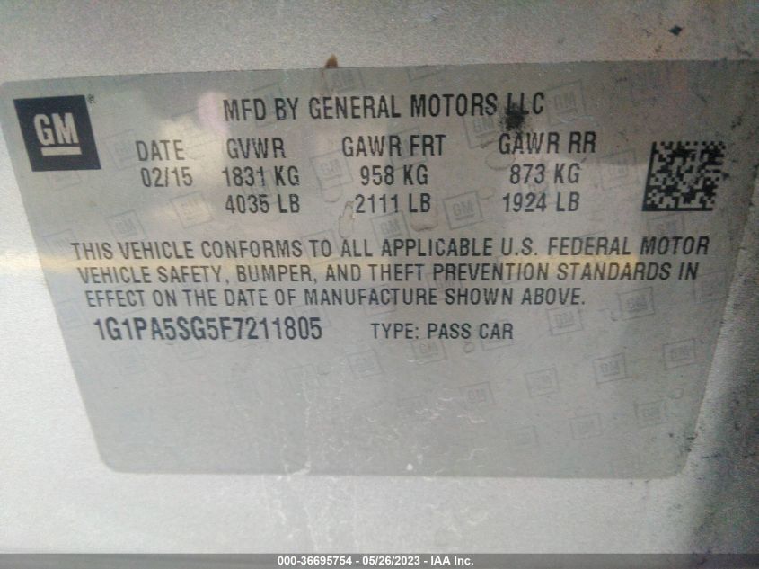 2015 CHEVROLET CRUZE LS - 1G1PA5SG5F7211805