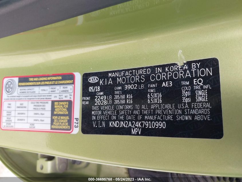 2019 KIA SOUL BASE - KNDJN2A24K7910990