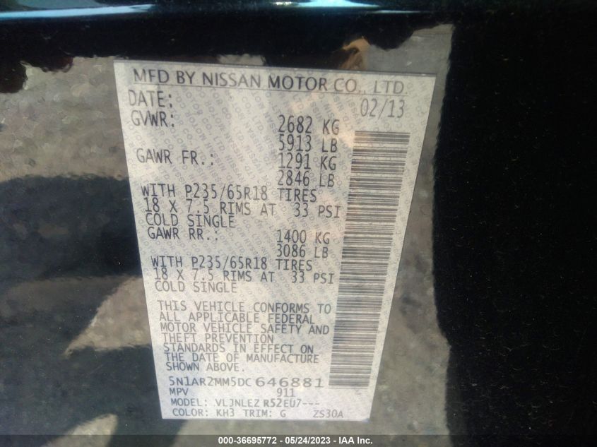 2013 NISSAN PATHFINDER SV - 5N1AR2MM5DC646881