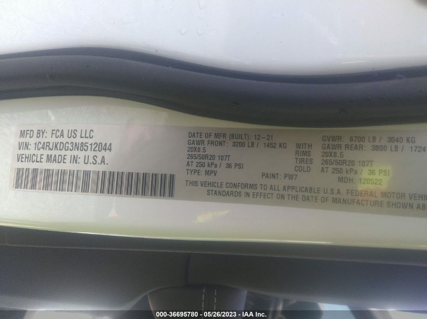 2022 JEEP GRAND CHEROKEE L OVERLAND - 1C4RJKDG3N8512044