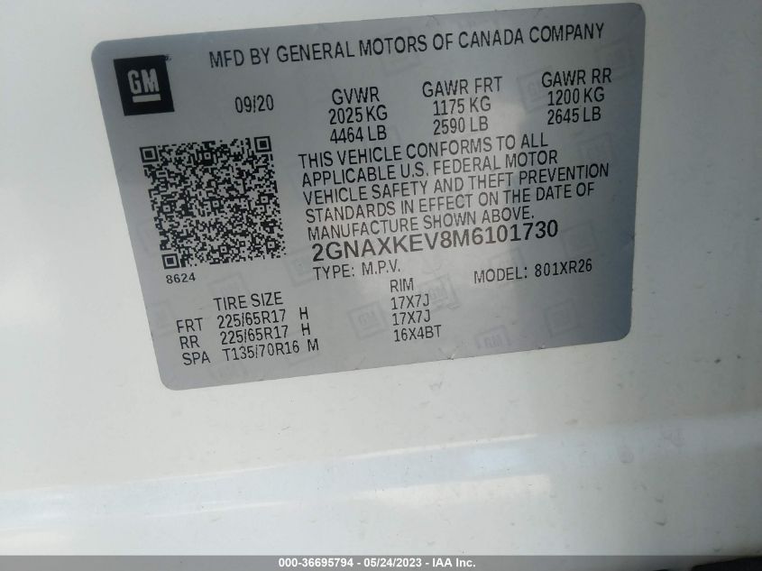 2021 CHEVROLET EQUINOX LT - 2GNAXKEV8M6101730