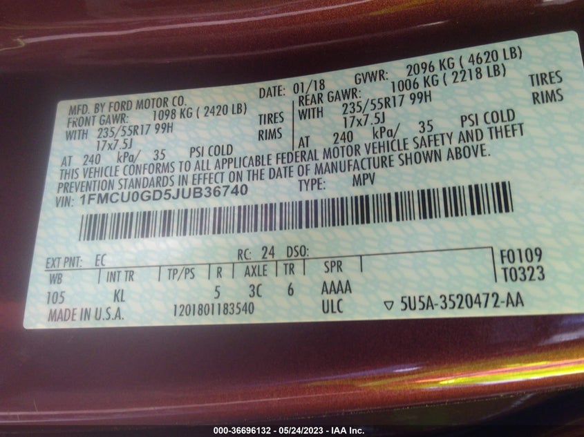 VIN 1FMCU0GD5JUB36740 2018 FORD ESCAPE SE