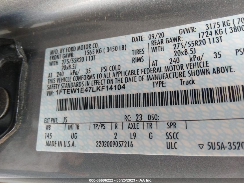 2020 FORD F-150 XL/XLT/LARIAT - 1FTEW1E47LKF14104