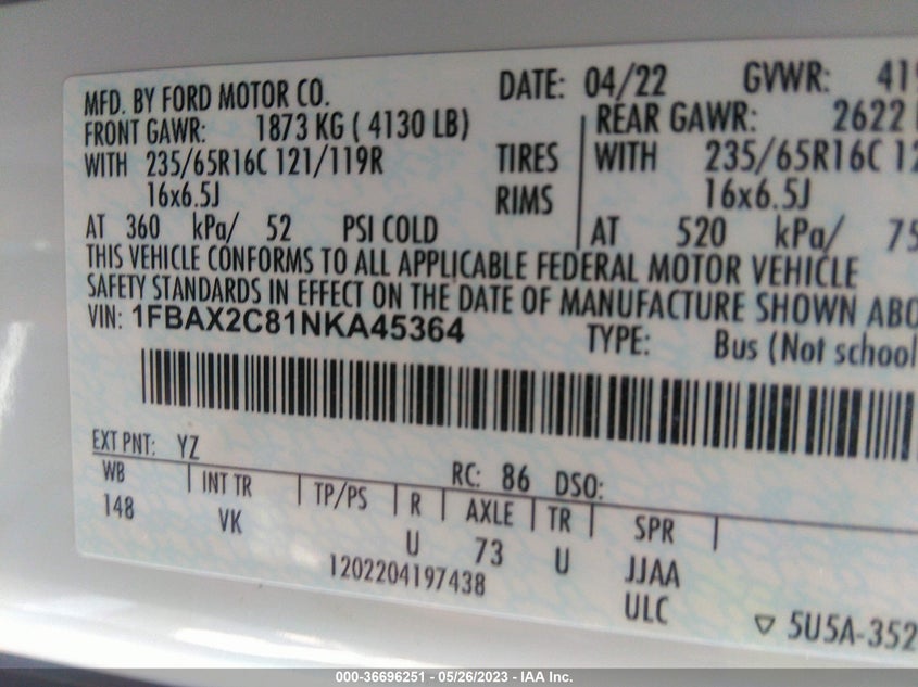 VIN 1FBAX2C81NKA45364 2022 FORD TRANSIT PASSENGER WAGON XL/XLT