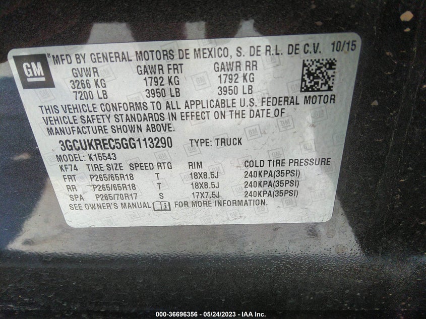 2016 CHEVROLET SILVERADO 1500 VIN: 3GCUKREC5GG113290