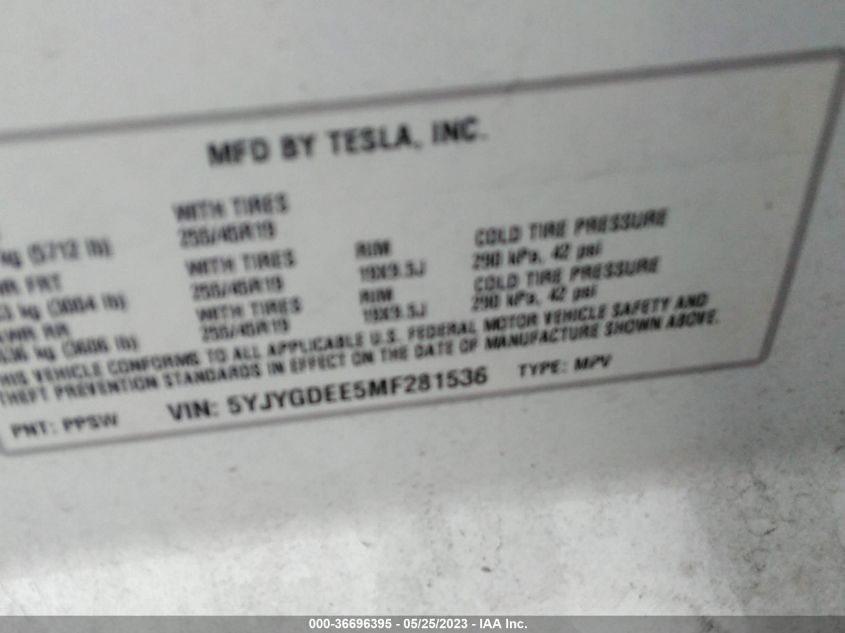 2021 TESLA MODEL Y LONG RANGE - 5YJYGDEE5MF281536