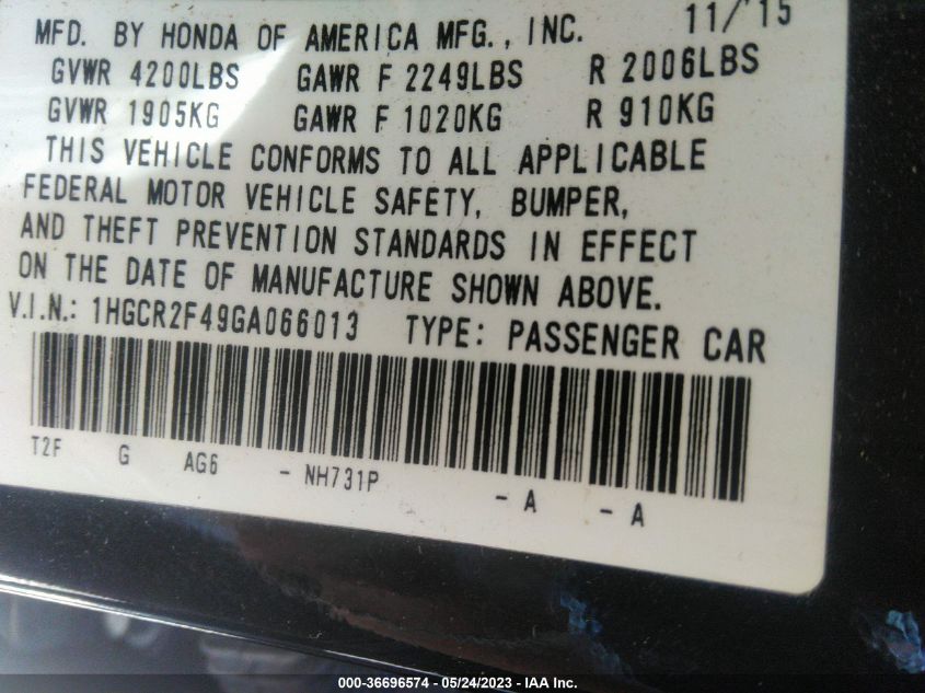 2016 HONDA ACCORD SEDAN LX - 1HGCR2F49GA066013