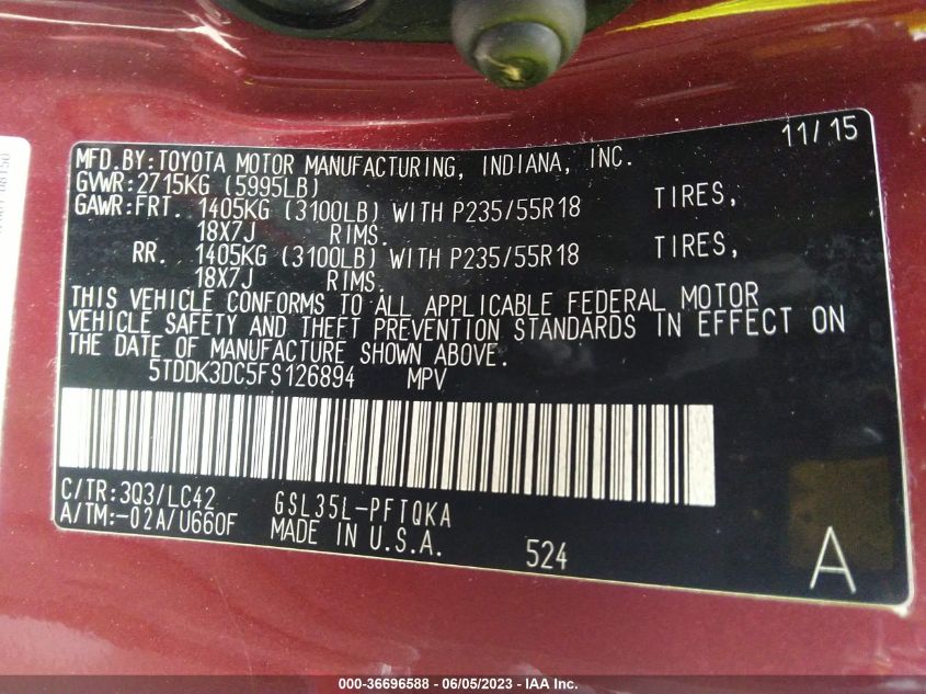 2015 TOYOTA SIENNA LTD/XLE/XLE PREMIUM - 5TDDK3DC5FS126894
