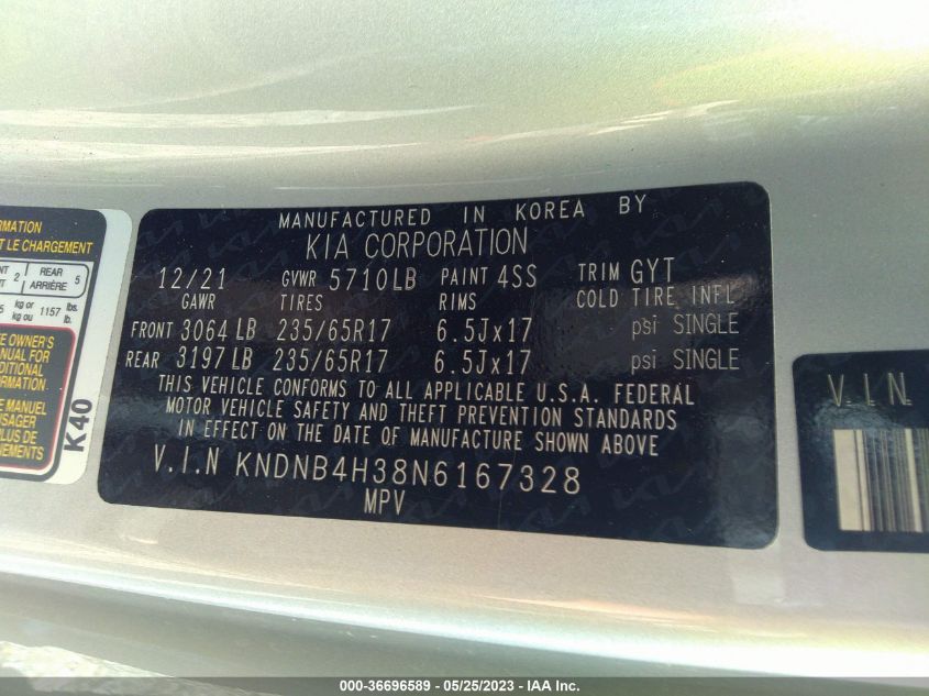2022 KIA CARNIVAL LX KNDNB4H38N6167328