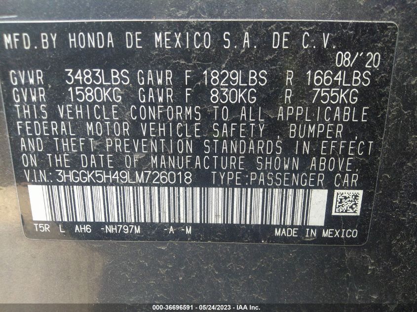 2020 HONDA FIT LX - 3HGGK5H49LM726018