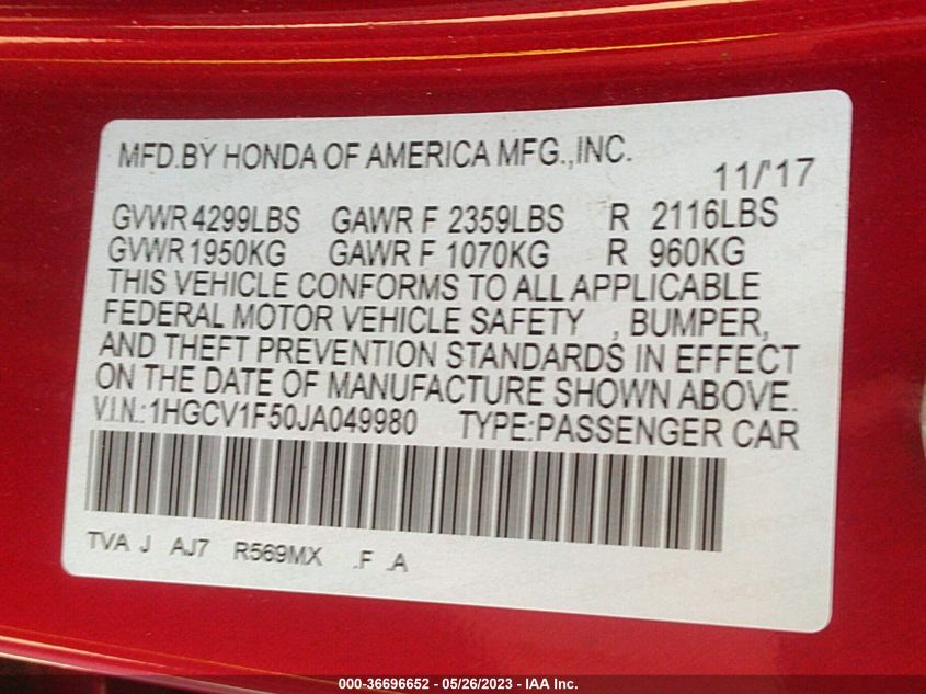 2018 HONDA ACCORD SEDAN EX-L 1.5T - 1HGCV1F50JA049980