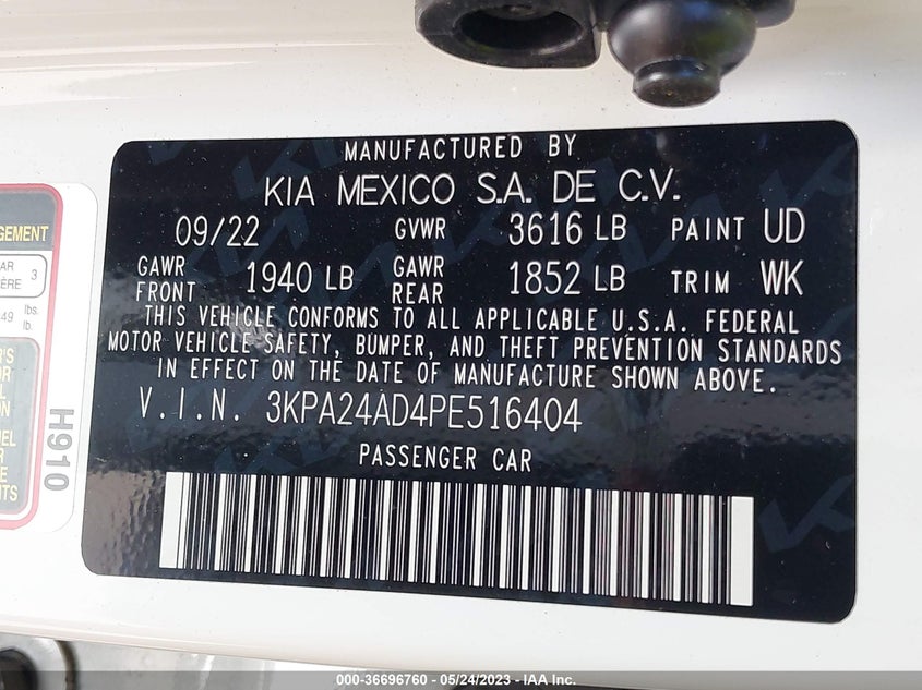 VIN 3KPA24AD4PE516404 2023 KIA RIO S