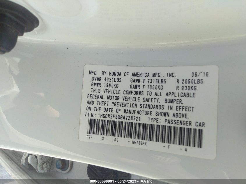 2016 HONDA ACCORD SEDAN EX-L - 1HGCR2F8XGA228721