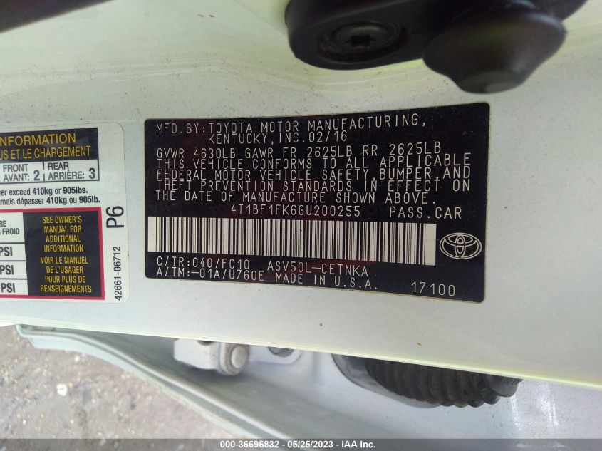 2016 TOYOTA CAMRY XLE/SE/LE/XSE - 4T1BF1FK6GU200255