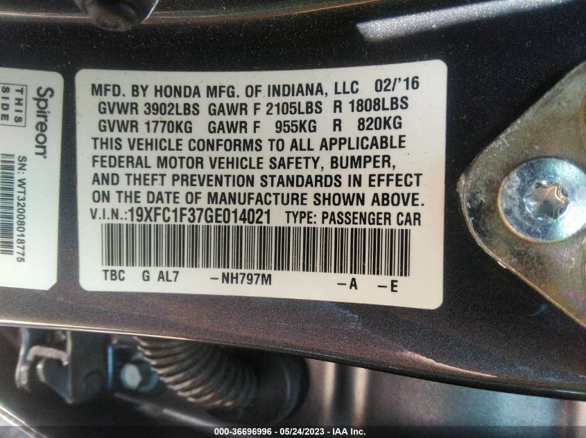 2016 HONDA CIVIC SEDAN EX-T - 19XFC1F37GE014021