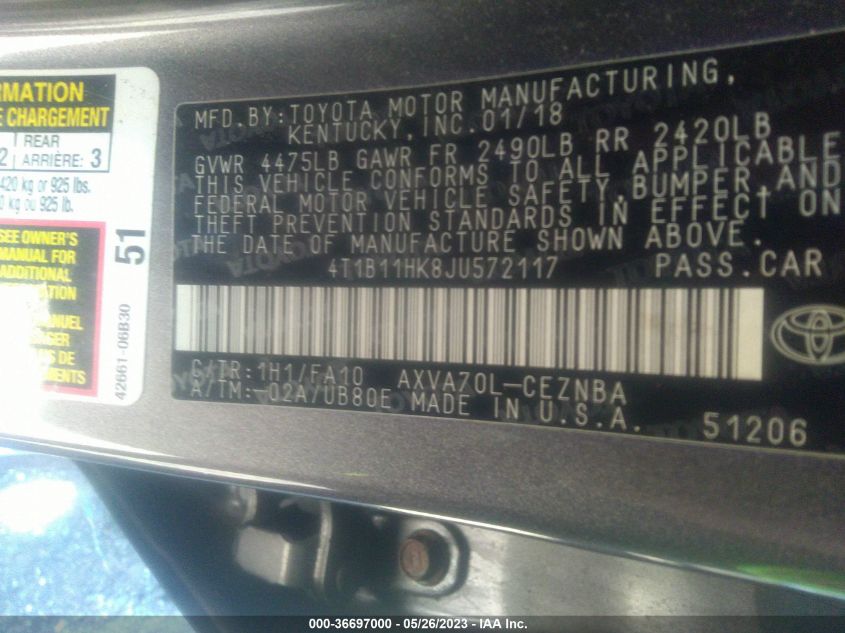 2018 TOYOTA CAMRY LE/SE/XLE/L - 4T1B11HK8JU572117