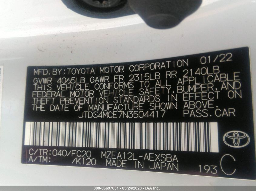 2022 TOYOTA COROLLA SE - JTDS4MCE7N3504417