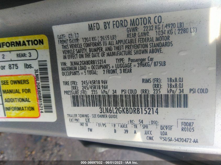 2013 LINCOLN MKZ - 3LN6L2GK8DR815214