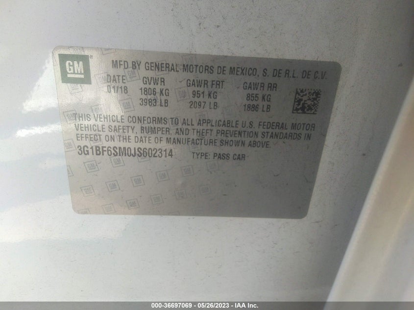 VIN 3G1BF6SM0JS602314 2018 CHEVROLET CRUZE PREMIER