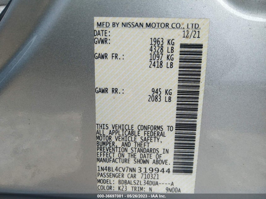 VIN 1N4BL4CV7NN319944 2022 NISSAN ALTIMA 2.5 SR