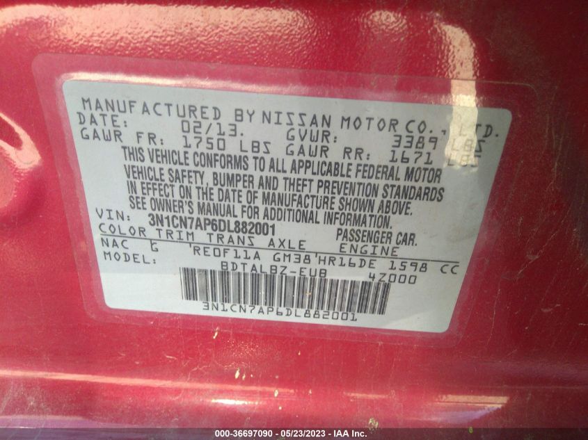2013 NISSAN VERSA SV - 3N1CN7AP6DL882001