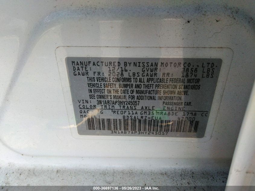 2017 NISSAN SENTRA SR - 3N1AB7AP3HY245057