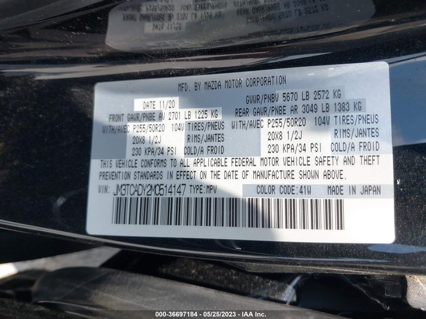 VIN JM3TCADY2M0514147 2021 MAZDA CX-9 GRAND TOURING