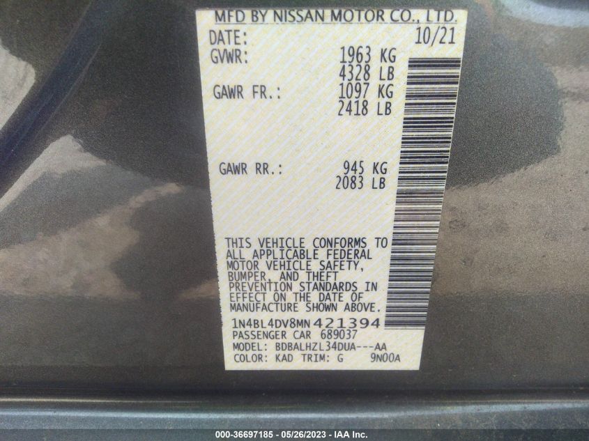 2021 NISSAN ALTIMA 2.5 SV - 1N4BL4DV8MN421394