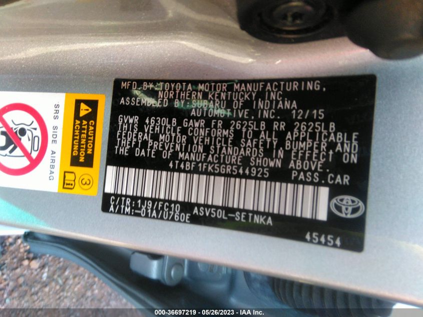 2016 TOYOTA CAMRY XLE/SE/LE/XSE - 4T4BF1FK5GR544925