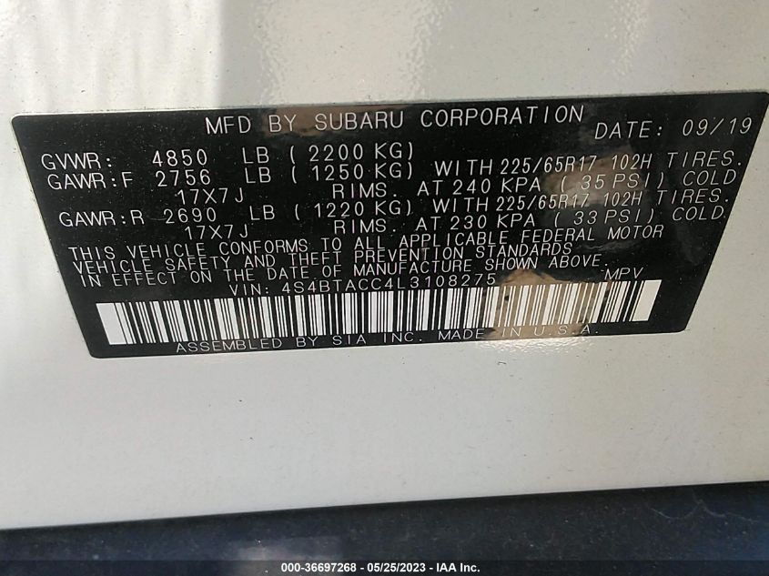 2020 SUBARU OUTBACK PREMIUM - 4S4BTACC4L3108275