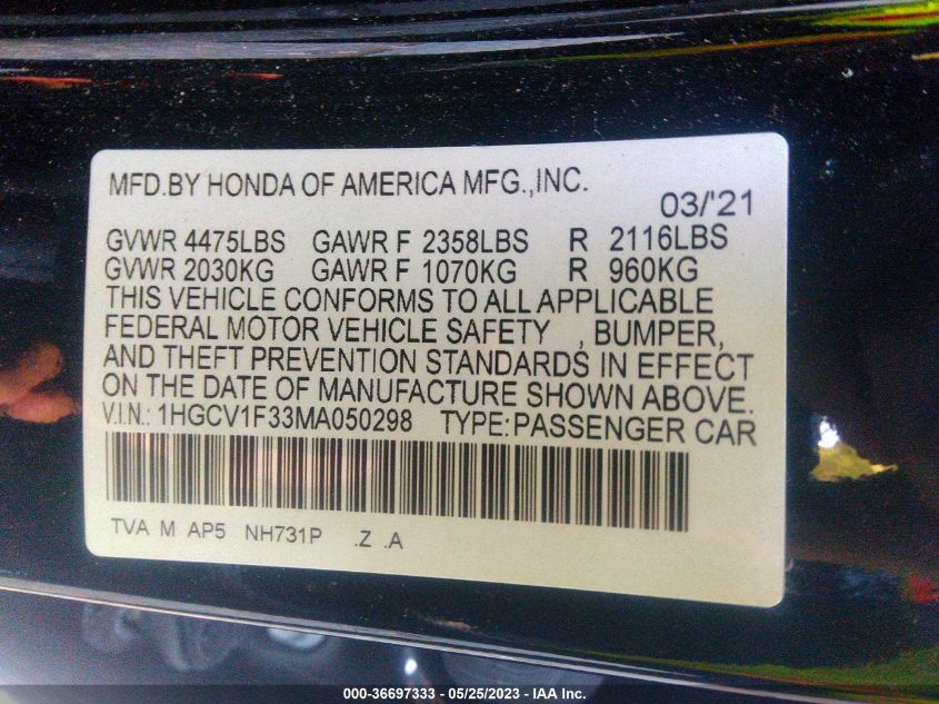 2021 HONDA ACCORD SEDAN SPORT - 1HGCV1F33MA050298