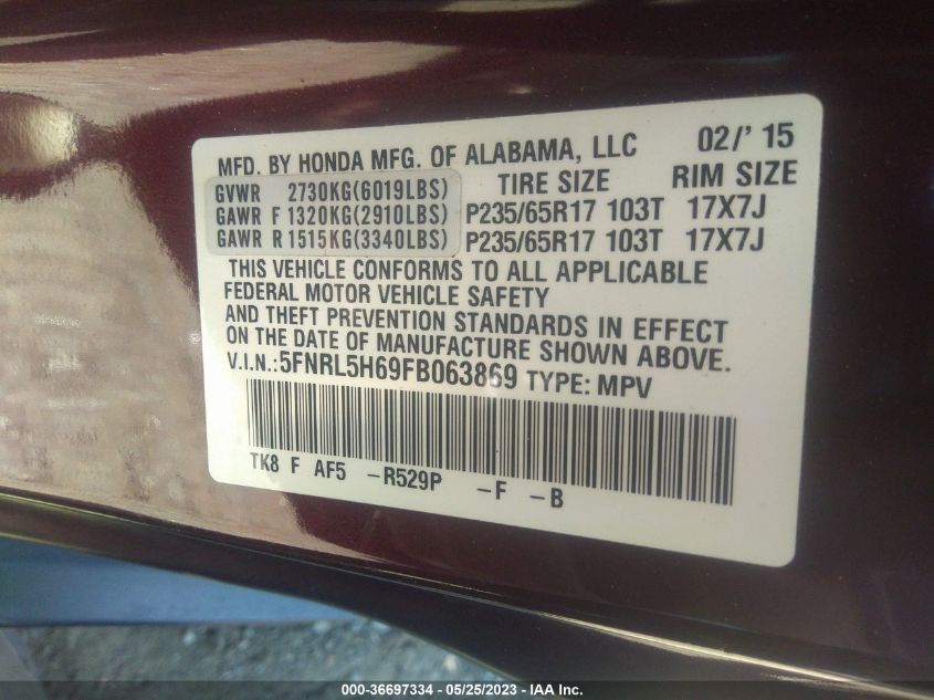 2015 HONDA ODYSSEY EX-L - 5FNRL5H69FB063869