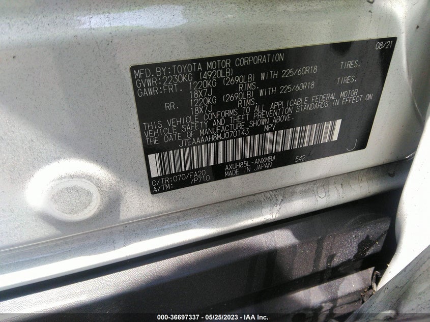 VIN JTEAAAAH8MJ070143 2021 TOYOTA VENZA LE/XLE/LIMITED