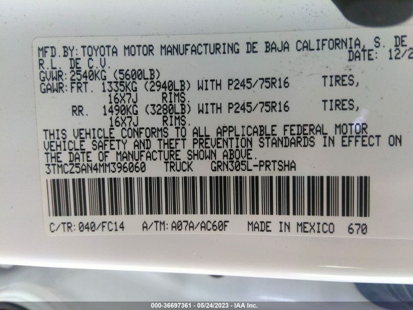 2021 TOYOTA TACOMA 4WD SR/SR5/TRD SPORT - 3TMCZ5AN4MM396060