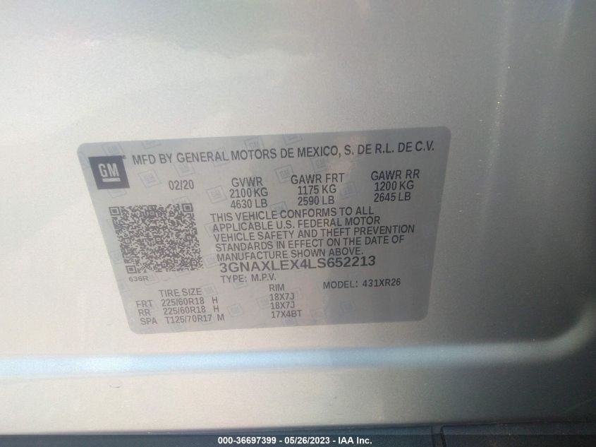 2020 CHEVROLET EQUINOX LT - 3GNAXLEX4LS652213