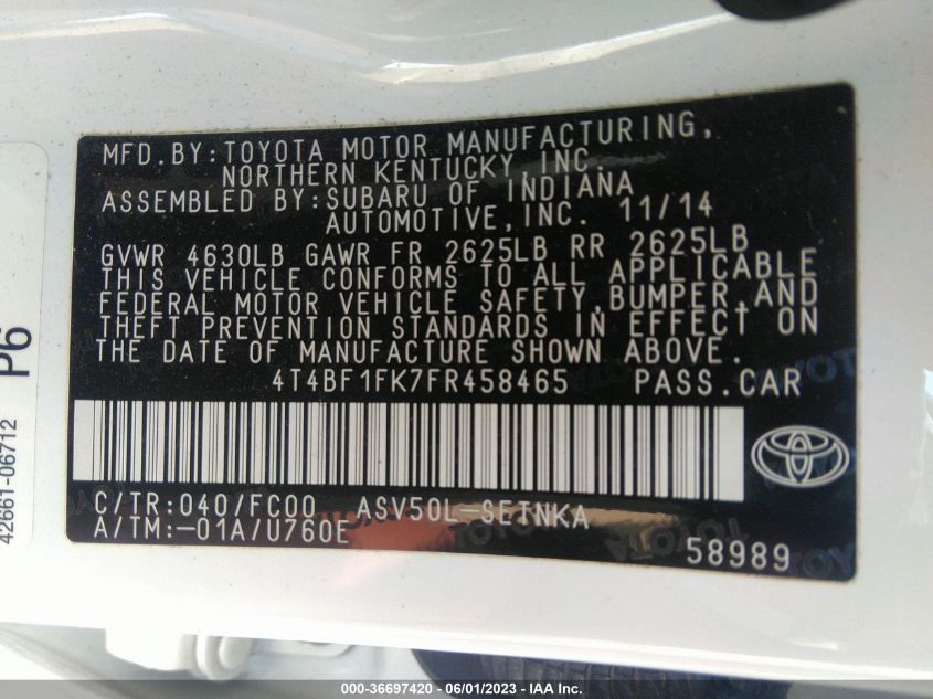 2015 TOYOTA CAMRY XLE/SE/LE/XSE - 4T4BF1FK7FR458465