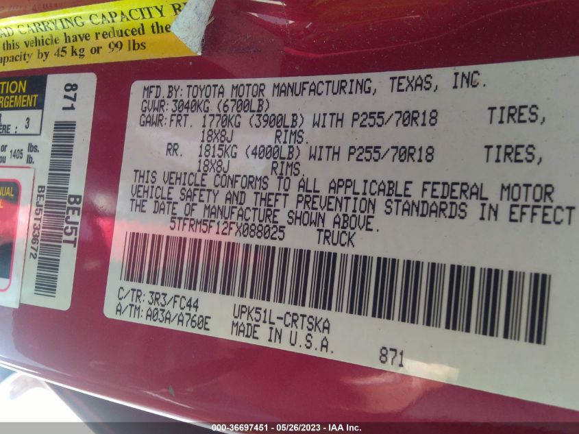 2015 TOYOTA TUNDRA 2WD TRUCK SR/SR5 - 5TFRM5F12FX088025