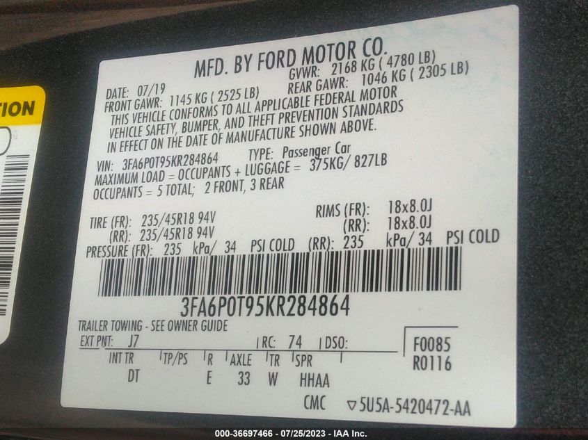 2019 FORD FUSION SE - 3FA6P0T95KR284864