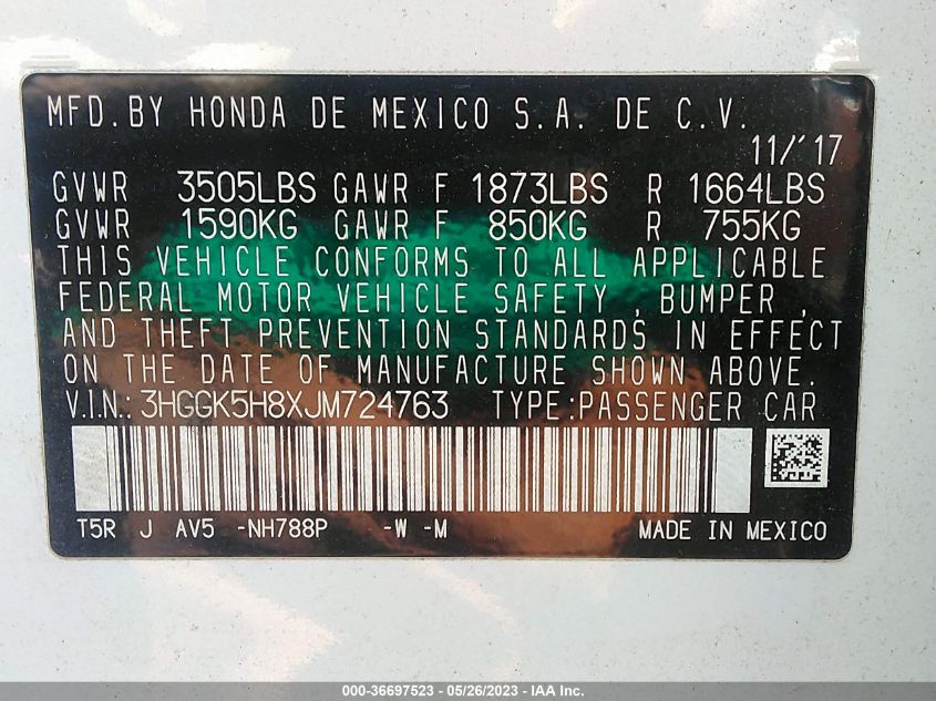 2018 HONDA FIT EX - 3HGGK5H8XJM724763