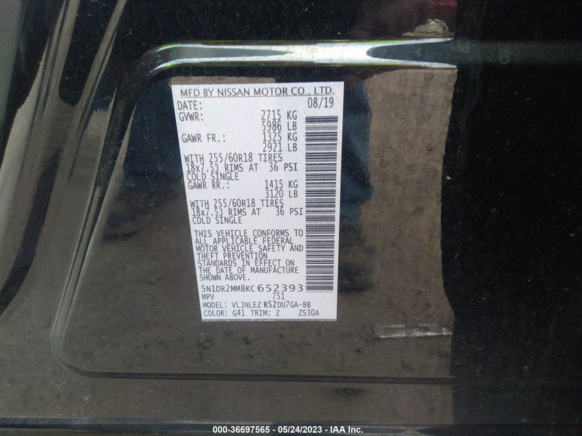 VIN 5N1DR2MM8KC652393 2019 NISSAN PATHFINDER SV