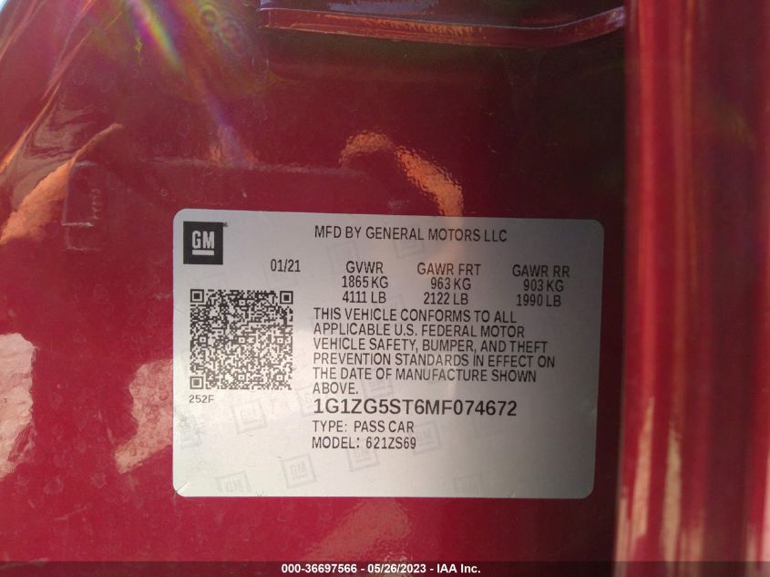 2021 CHEVROLET MALIBU RS - 1G1ZG5ST6MF074672