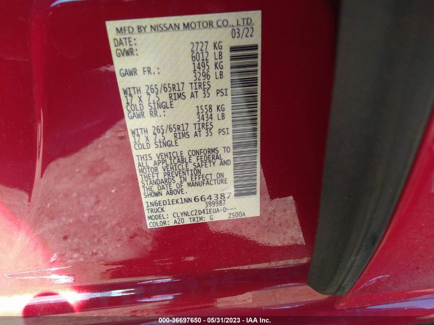 2022 NISSAN FRONTIER SV - 1N6ED1EK1NN664387