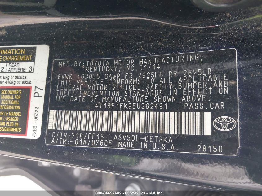 2014 TOYOTA CAMRY L/LE/XLE/SE/SE SPORT - 4T1BF1FK9EU362491