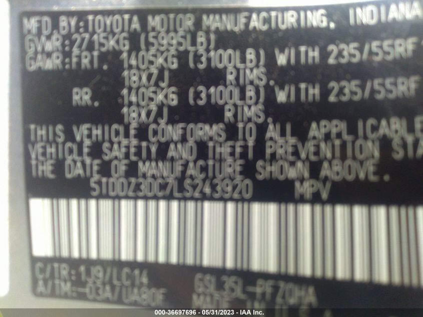 2020 TOYOTA SIENNA XLE - 5TDDZ3DC7LS243920