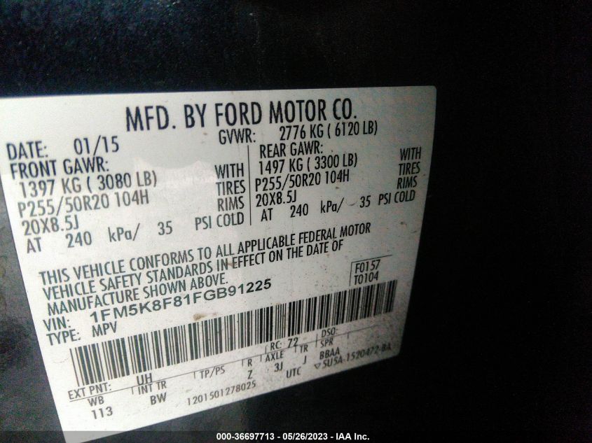 2015 FORD EXPLORER LIMITED - 1FM5K8F81FGB91225