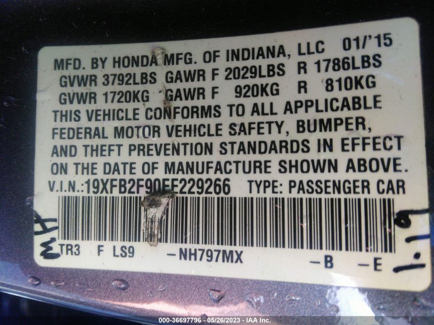 2015 HONDA CIVIC SEDAN EX-L - 19XFB2F90FE229266