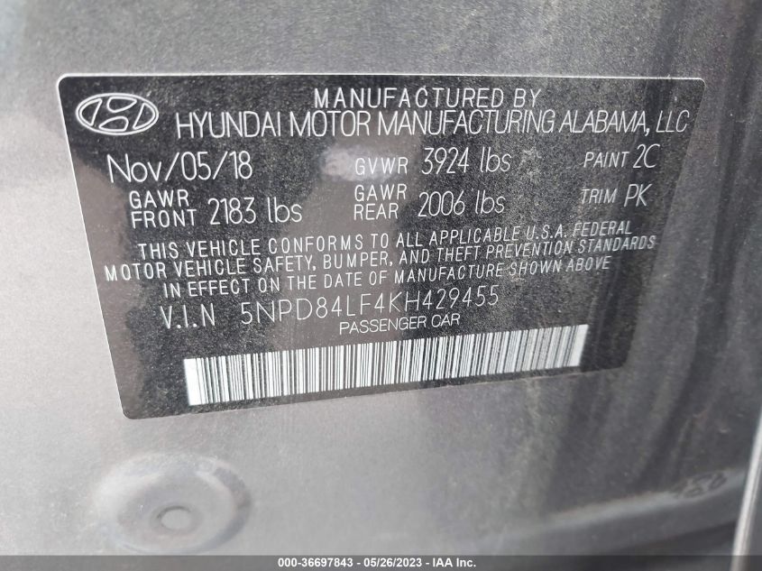 2019 HYUNDAI ELANTRA SEL - 5NPD84LF4KH429455
